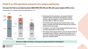 Desglose de precios y costes previstos del Tesla Model 2 (imagen: New Street Research)