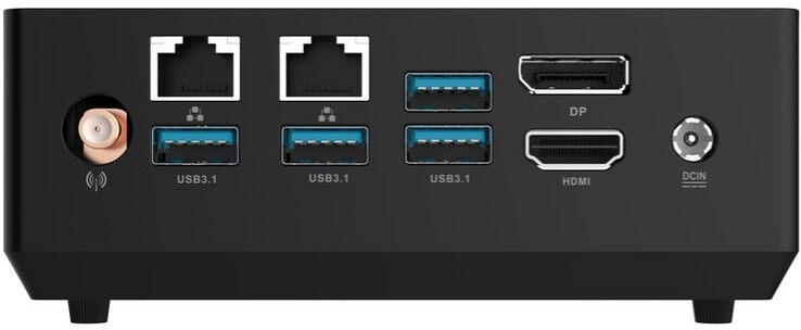 Detrás: Conexión de antena WiFi, 2x Gigabit Ethernet, 4x USB 3.1 Gen 2 (10 Gbps) Tipo-A, DisplayPort 1.2, HDMI 2.0, DC in