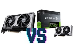 MSI GeForce RTX 5060 Ti Ventus 2x OC Plus 16 GB (Izquierda) y 8 GB (Derecha) variantes. (Fuente de la imagen: Mindfactory, editado)