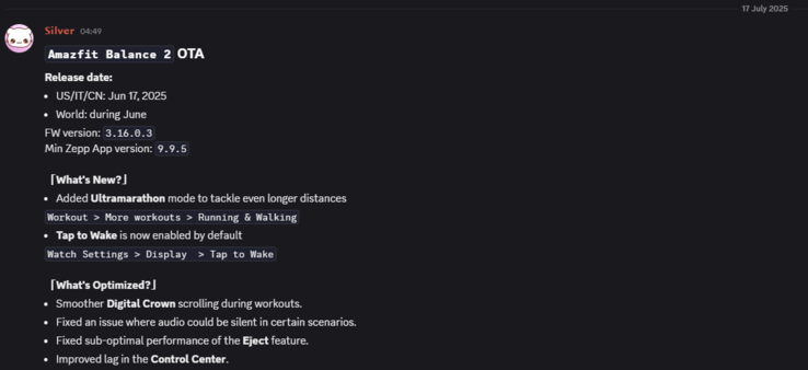 Las notas de la actualización de la versión 3.16.0.3 de Amazfit Balance 2. (Fuente de la imagen: Amazfit vía Weibo)