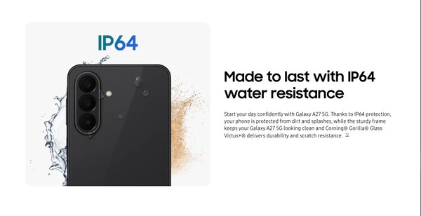 La clasificación IP del Galaxy A27 5G se ha rebajado a IP64.