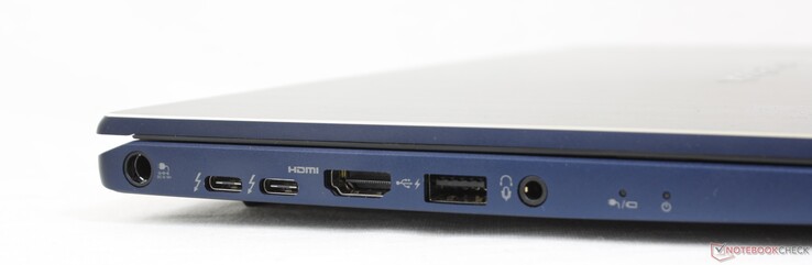 Izquierda: puerto del adaptador de CA, 2x USB-C con Thunderbolt 4 + DisplayPort + Power Delivery, HDMI 2.0, USB-A 3.2, auriculares de 3,5 mm