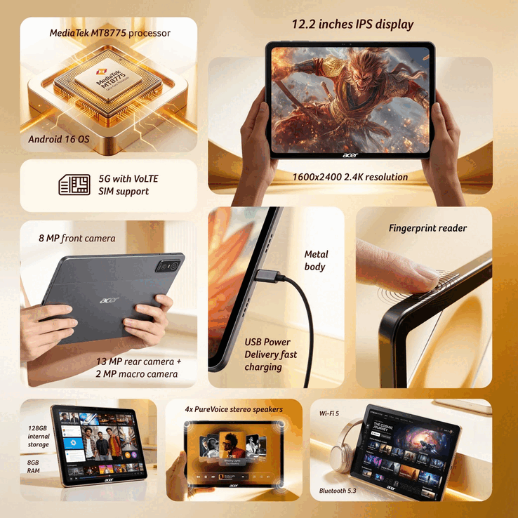 Especificaciones clave, pantalla, cámaras, conectividad y características de hardware de Acer Iconia Tab 12 5G