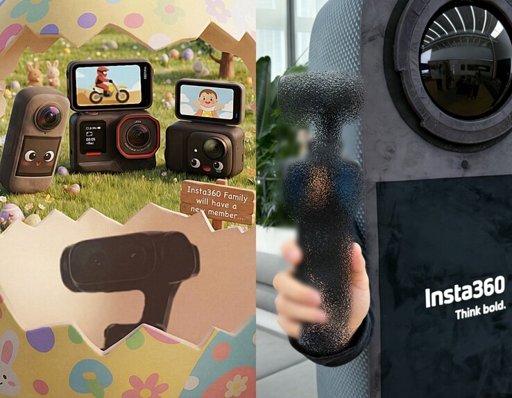 Insta360 con cámaras duales (izquierda), imagen teaser de Insta360 a tamaño completo (derecha).