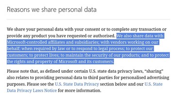 La página de declaración de privacidad de Microsoft es bastante imprecisa sobre qué comparte la empresa con quién y por qué. (Fuente de la imagen: Microsoft)