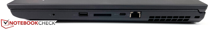 Lado derecho: Conector estéreo, USB-A 3.2 Gen1, lector SD, USB-C 3.2 Gen2, RJ45, ranura para una cerradura Kensington