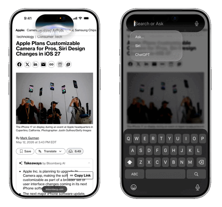 Está previsto que la nueva Siri tenga una animación rediseñada que salga de la Isla Dinámica (izquierda) y una interfaz de Buscar o Preguntar.