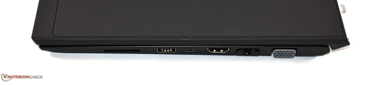 derecha: Lector de tarjetas SD, USB 3.1 Gen 2 tipo A, USB 3.1 Gen 2 tipo C, HDMI, RJ45, VGA