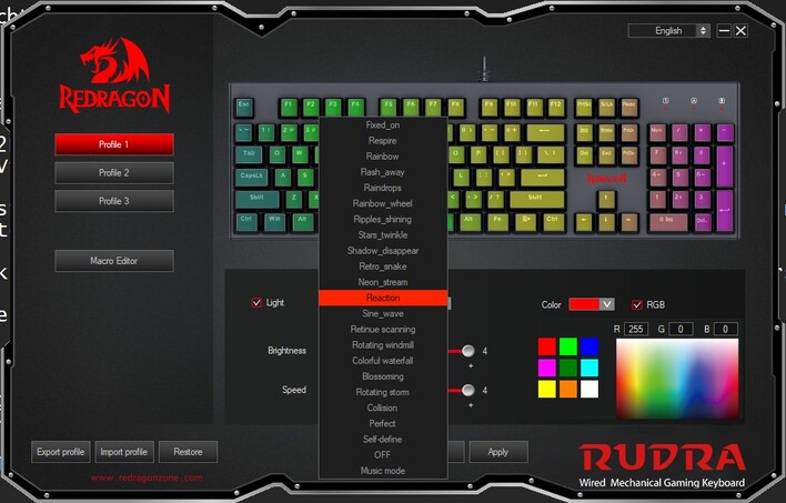 18 modos RGB predefinidos del teclado Rudra