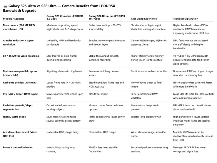 Supuestas mejoras en la cámara que llegarán a Galaxy S26 gracias a una memoria más rápida. (Fuente de la imagen: Ice Universe en X)