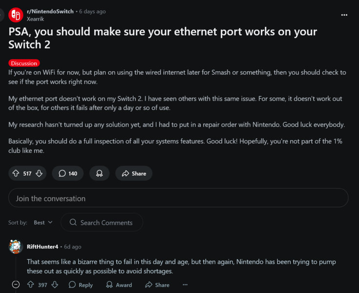 Nintendo Switch 2 Problemas con el puerto Ethernet (Fuente de la imagen: captura de pantalla, subreddit de Nintendo Switch)