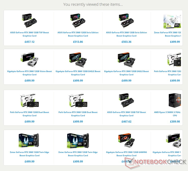 Algunos de los precios de GeForce RTX 3060 mostrados por CCL Computers. (Fuente de la imagen: CCL Computers)