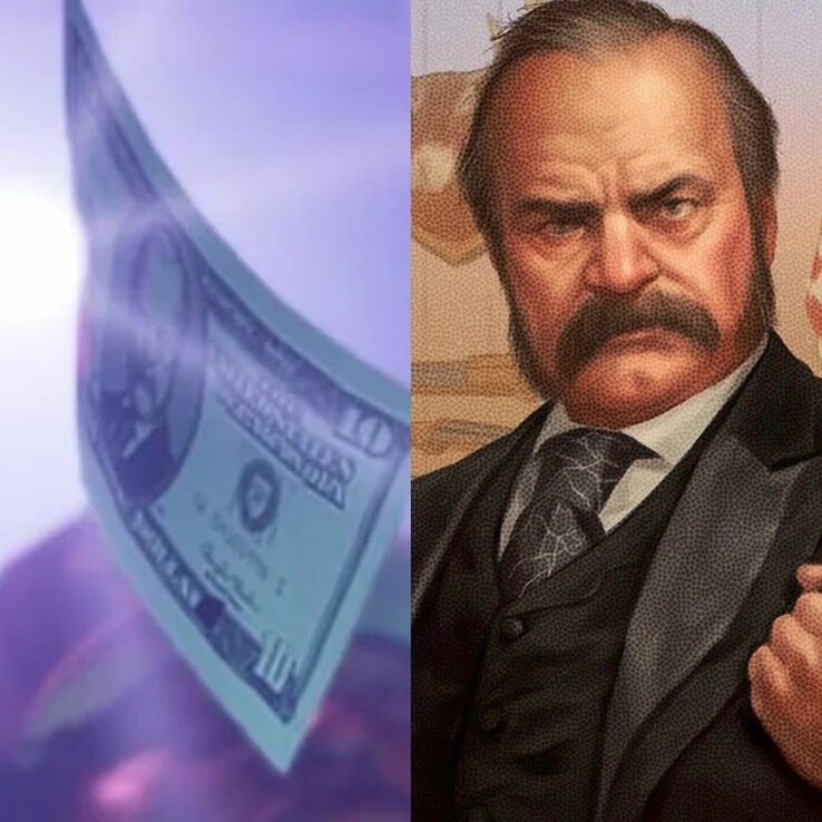 Imagen que muestra el dinero en GTA 6 del Tráiler 2 junto al presidente Thaddeus Waxman. (Fuente de la imagen: Synth Potato en X)