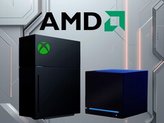 El logotipo de AMD sobre la maqueta de la nueva consola Xbox y Steam Machine