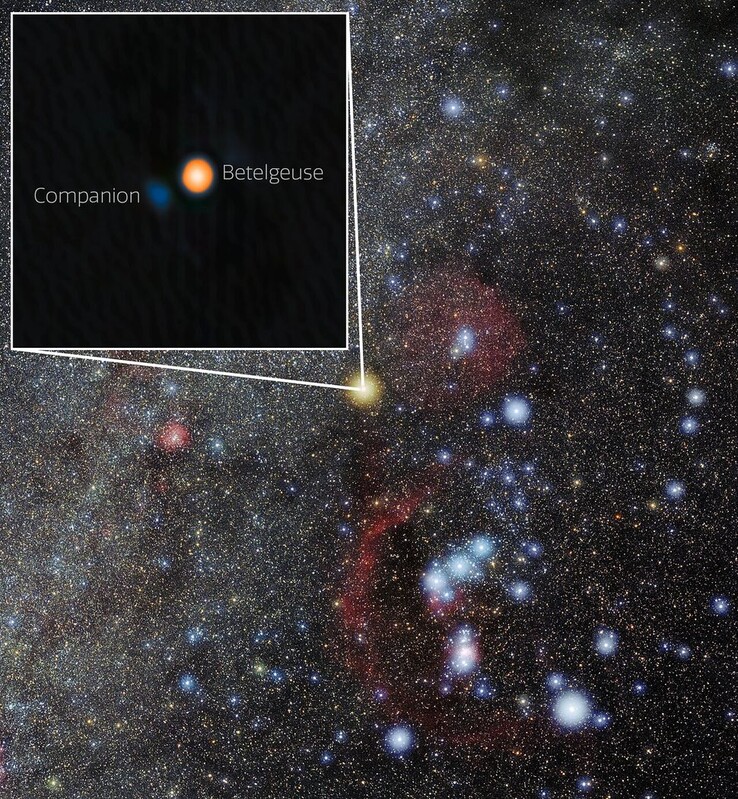 Localización de Betelgeuse y su estrella compañera. (Fuente de la imagen: Observatorio Internacional Gemini/NOIRLab/NSF/AURAProcesamiento de imágenes: M. Zamani (NSF NOIRLab))