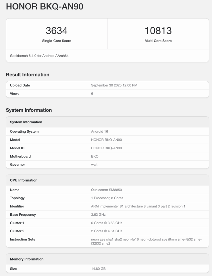 Listado de Geekbench del Honor Magic 8 Pro. (Fuente de la imagen: Geekbench)