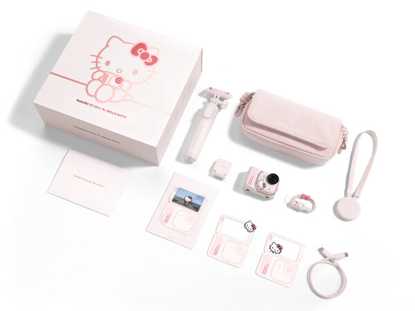 La Insta360 Go Ultra Edición Hello Kitty viene con accesorios de color rosa.