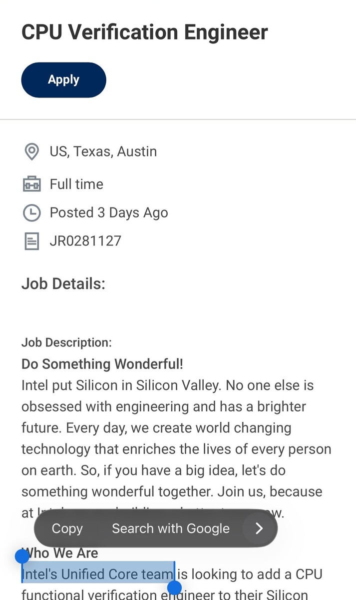 Intel busca un ingeniero para trabajar en Unified Cores