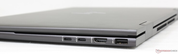 Derecha: 2x USB-C (10 Gbps) con Power Delivery + DisplayPort 1.4, HDMI 2.1, USB-A (10 Gbps)