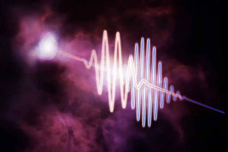 La diferencia entre las longitudes de onda largas, mostradas aquí en rojo, emitidas por las ráfagas de radio rápidas (FRB), y las longitudes de onda más cortas, mostradas en azul. (Fuente de la imagen: Melissa Weiss, CFA)