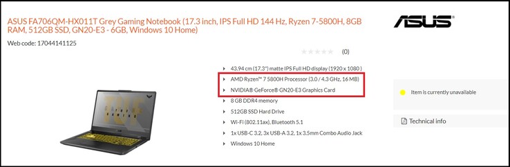 Asus TUF A17 listado. (Fuente de la imagen: Expert.de)