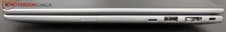 Derecha: Ranura SIM opcional, USB-C (20 Gb/s), USB-A (5 Gb/s), LAN (1 Gb/s), Kensington