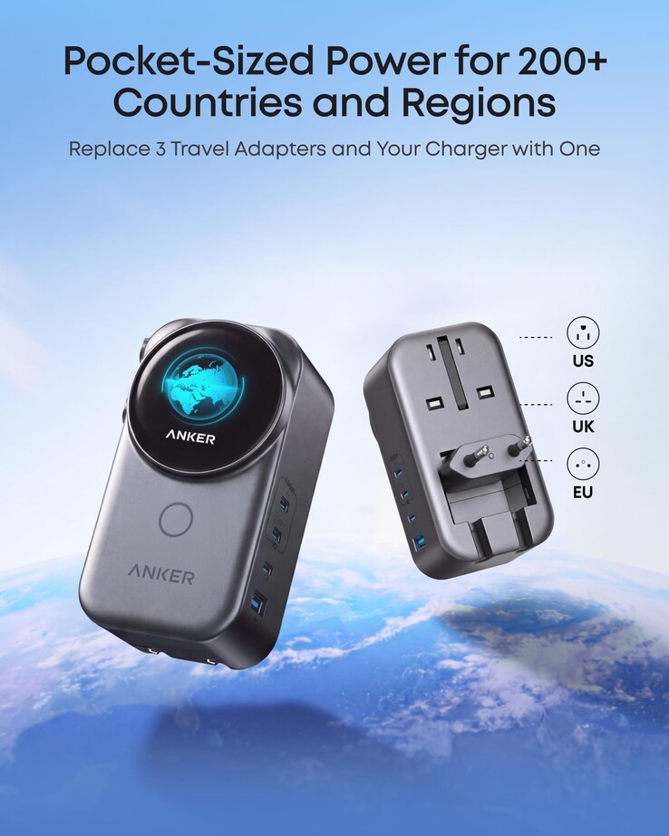 Una imagen de marketing filtrada del adaptador de viaje Anker Nano (4 en 1, 100 W, Smart Display)