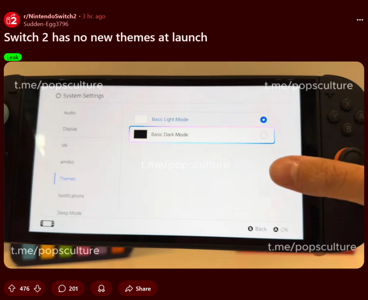 Vídeo unboxing de Nintendo Switch 2 mostrando temas (Fuente de la imagen: captura de pantalla, subreddit de Nintendo Switch 2)