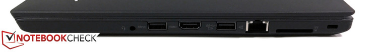 derecha: audio 3.5 mm, USB 3.0, HDMI 1.4b, USB 3.0 (always-on), RJ45-LAN, lector SD, bloqueo Kensington