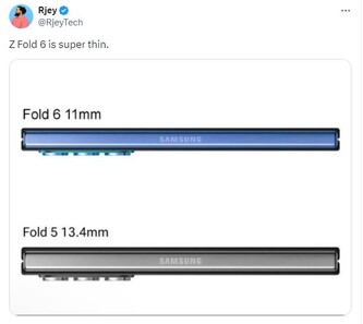 Con sólo 11 mm de grosor, se rumorea que el próximo Z Fold 6 será el Galaxy Z Fold más fino hasta la fecha. (Fuente: Rjey vía Twitter)