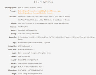 Especificaciones completas del portátil (Fuente de la imagen: System76)