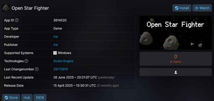 Open Star Fighter juego robado de Steam (Fuente de la imagen: captura de pantalla, SteamDB)