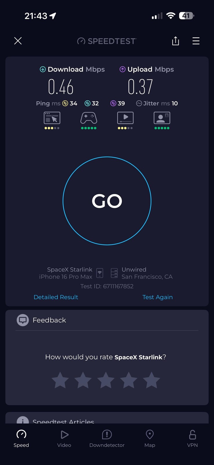 Velocidades de descarga del modo en espera de Starlink. (Fuente de la imagen: ilikewolves99/Reddit)