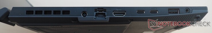 Lado izquierdo: alimentación, LAN RJ45, HDMI 2.1, 2x USB-C 3.2 Gen2 (incl. DisplayPort), USB-A 3.2 Gen1, audio