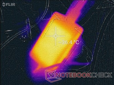 Temperatura del adaptador de CA después de 30 minutos de pesada carga de procesamiento