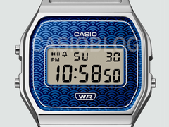 Un primer plano de la esfera del reloj Casio A159WEV con la marca de agua de Casioblog.