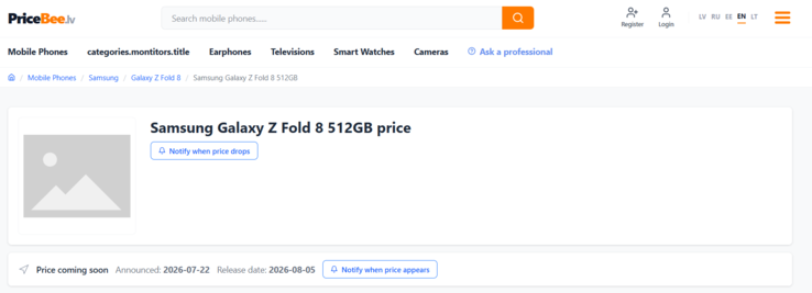 Pricebee, con sede en Letonia, indica el 5 de agosto como fecha de disponibilidad del Samsung Galaxy Z Fold 8.