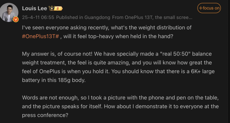 Revelados los detalles de la distribución del peso del OnePlus 13T. (Fuente de la imagen: Weibo - machine translated)