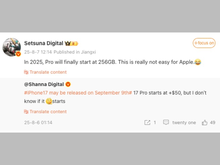 Post en Weibo del filtrador hablando del modelo iPhone 17 Pro base de 256 GB. (Fuente de la imagen: Setsuna Digital en Weibo, captura de pantalla)