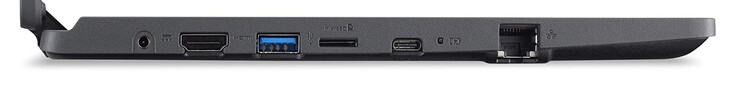 Lado izquierdo: conexión de alimentación, HDMI, USB 3.2 Gen 1 (Tipo A), lector de tarjetas de almacenamiento (microSD), USB 3.2 Gen 1 (Tipo C; DisplayPort, Power Delivery), Gigabit Ethernet