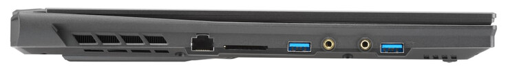 Lado izquierdo: Gigabit Ethernet, lector de tarjetas de memoria (SD), USB 3.2 Gen 1 (Tipo-A), entrada de micrófono, salida de auriculares, USB 3.2 Gen 1 (Tipo-A)