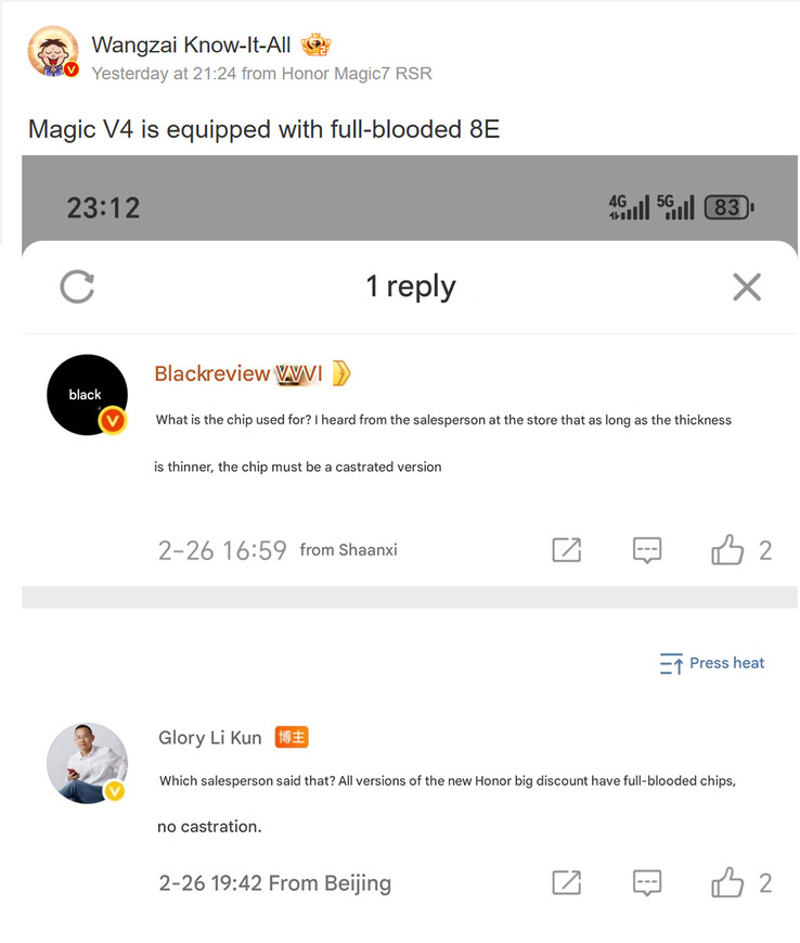 Li Kun sugiere Honor Magic V4 llevará el Snapdragon 8 Elite normal (Fuente de la imagen: Weibo - machine translated)