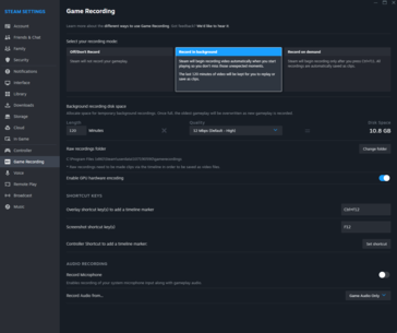 Opciones de grabación de Steam (imagen vía Notebookcheck)