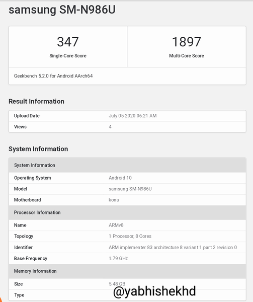 Esto ciertamente no es el Galaxy Note 20 Ultra. (Fuente de la imagen: Geekbench vía @yabhishhekhd)