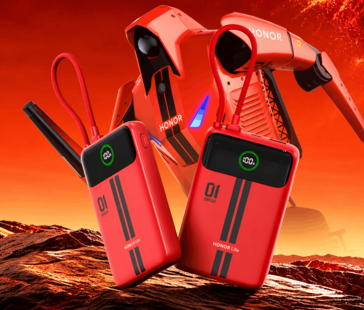 Dos baterías externas rojas Honor Life con pantallas integradas y cables incorporados, sobre un fondo rojo