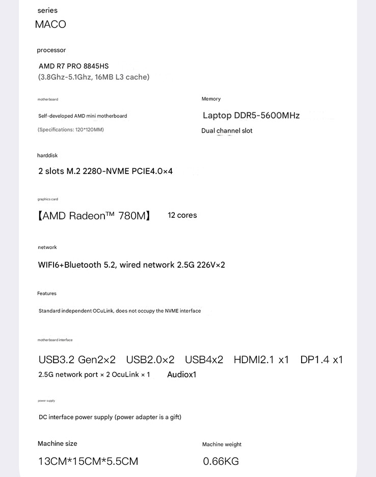 Especificaciones completas del mini (Fuente de la imagen: Aoostar - machine translated)