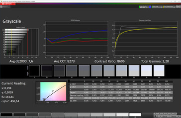 Escalas de grises (estándar de color de la pantalla [arriba], espacio de color objetivo P3)