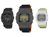 En la imagen, los Casio G-Shock DW-5600MNC-1, DW-5600MNC-BA2 y DW-5600MNC-7A8 sobre fondo blanco.