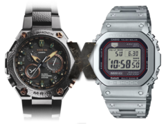 La nueva filtración del Casio MR-G insinúa un cruce entre estos dos mundos. En la imagen - El Casio MRG-G1000HT-1A a la izquierda, una &#039;X&#039; en el centro, y el G-Shock cuadrado Casio MRG-B5000 a la derecha. (Fuente de la imagen: Casio - Editado)