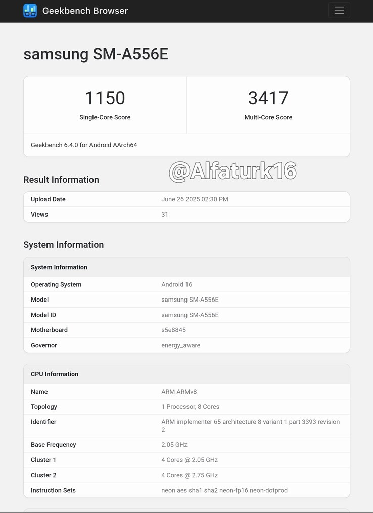 Un "Galaxy A55 5G" se actualiza a Android 16 en una nueva filtración. (Fuente: Geekbench vía AlfaTurk en X)